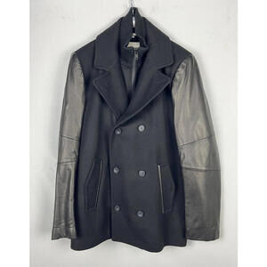 Soia and Kyo Double-Breasted Wool & Leather Pea Coat W Bib Black Size XL